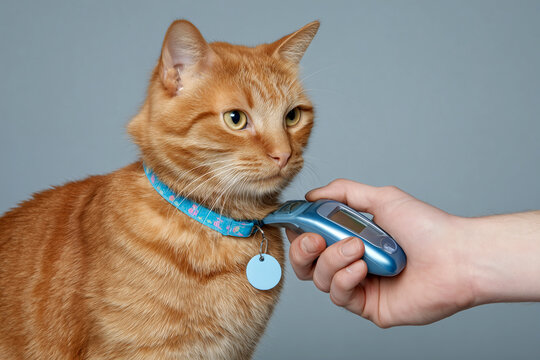 Ginger cat with blue collar being scanned by microchip reader, pet identification and veterinary technology concept