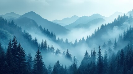 Obraz premium Coniferous Forest in Misty Mountains 