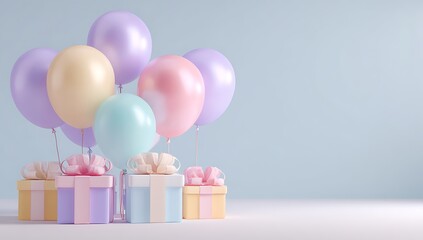 Pastel colored balloons and gift boxes arranged for a celebration birthday