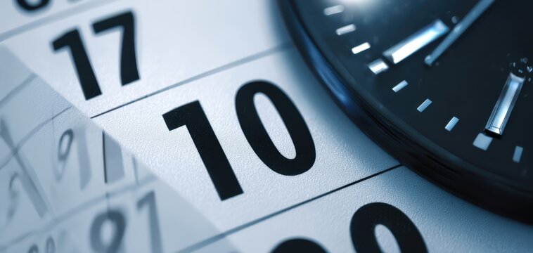 The clock showing time against a calendar in a modern workspace.