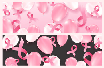 Pink ribbon and balloon breast cancer awareness month background design in dark and light theme for campaign poster banner or flyer template