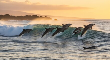 Fototapeta premium Playful Dolphins Jumping over Waves – Hawaii Pacific Ocean Wildlife Scenery.