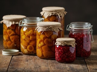 A rustic arrangement of five glass jars filled with homemade preserves, featuring orange and red fruits, displayed on a textured wooden table.