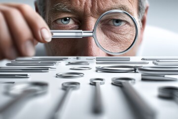 Senior man meticulously examining precision metal tools with magnifying glass in laboratory setting, focused on healthcare and technology fields.
