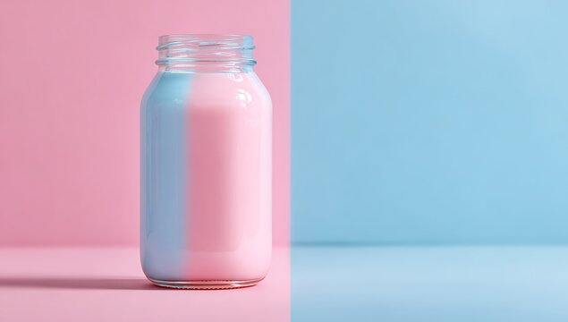 Pink and Blue Layered Drink in a Glass Jar on a Split Background Keywords: drink, pink, blue, layered