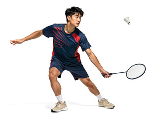 Pro Asian male badminton player in active motion poses on isolated background