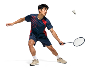 Pro Asian male badminton player in active motion poses on isolated background