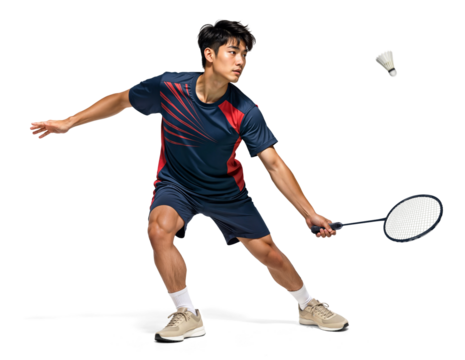 Pro Asian male badminton player in active motion poses on isolated background - Powered by Adobe