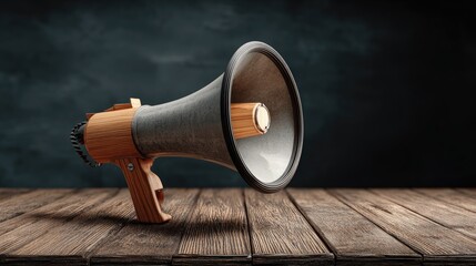 Wooden-handled megaphone on a rustic table