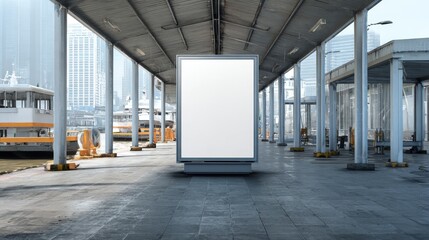 Beautiful photo of front view empty billboard mockup on a ferry terminal, ships and docks, bright daylight.