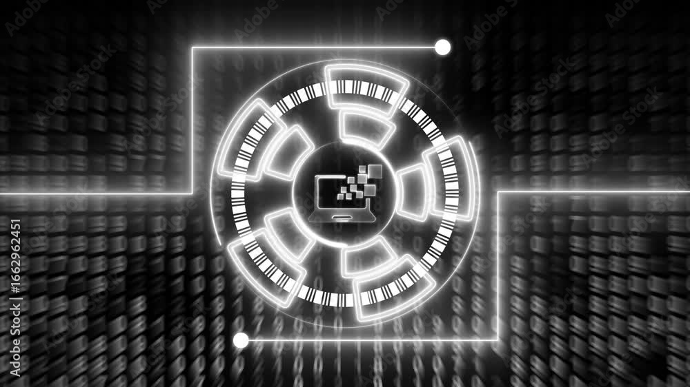 Poster futuristic white digital interface with laptop icon and binary code background technology