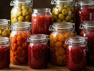 A collection of swing-top glass jars filled with homemade preserves, including green olives, yellow-orange fruits, and vibrant red jams, on a wooden surface.
