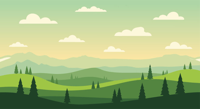 Lush vector illustration of a peaceful natural landscape featuring rolling green hills, majestic mountains, and soft clouds under a serene gradient sky