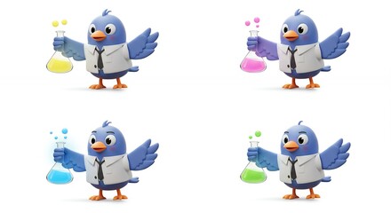 Cartoon birds dressed as scientists holding flasks in vibrant colors