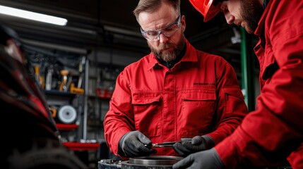 Mechanic Inspecting Car Parts with Colleague in Garage During Vehicle Maintenance Procedure