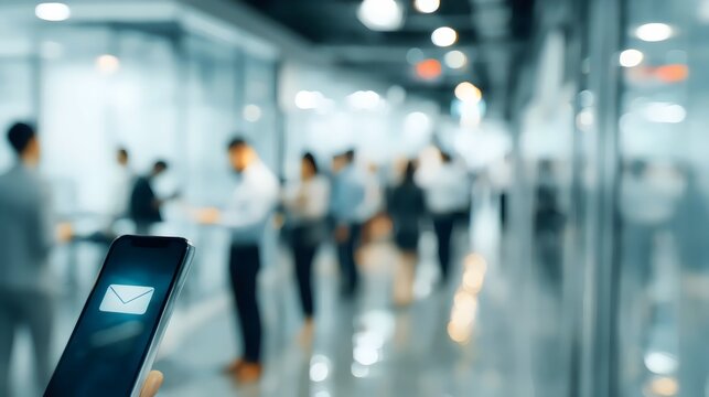 A person holding a smartphone displaying an email icon, with blurred office environment in the background.