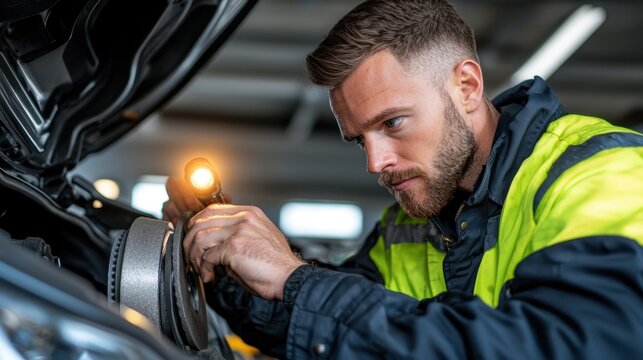 Mechanic Inspecting Brake Pads on Car Using Flashlight for Maintenance