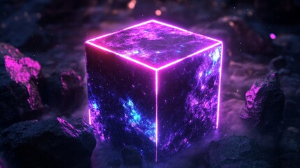 A 3D cube rotating in space with glowing neon lines, sleek and modern 
