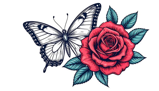 Detailed black and white butterfly and red rose