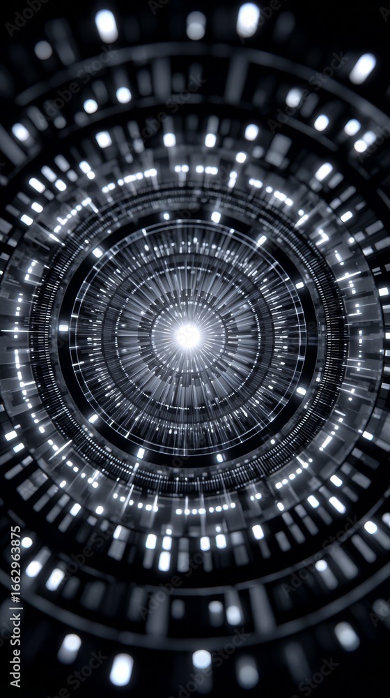Poster a mesmerizing abstract geometric visualization featuring a circular pattern of countless glowing lig