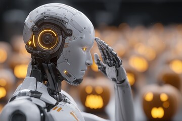 Fototapeta premium Futuristic AI Robot Saluting Amidst Glowing Jack-O'-Lanterns in a Halloween-Themed Environment with Technological Advancements