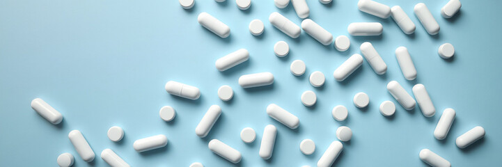 Medical Pills, Tablets and Capsules Scattered on Neutral Background. For medical, healthcare, pharmacy, drug advertising and pharmaceutical industry.