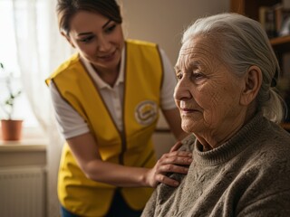 Obraz premium A young woman in a yellow vest gently comforts an elderly woman with grey hair, placing a hand on her shoulder. The older woman looks pensive.