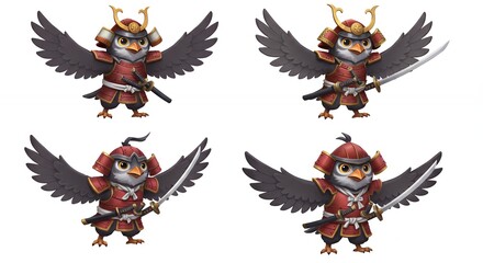Four owl samurai characters digital illustration