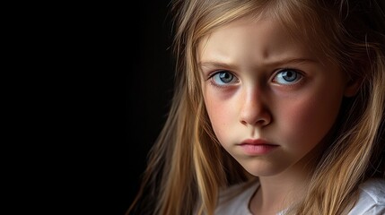 Naklejka premium Child Portrait in Dim Light, Innocent Childhood, Portrait Photography, Emotional Atmosphere Material