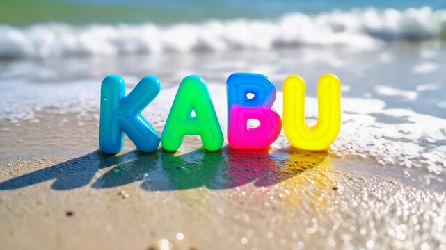 Vibrant plastic letters spelling kabu stand on wet sand near the ocean.