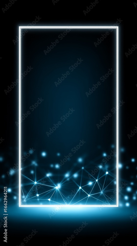 Poster abstract digital art featuring a luminous rectangular frame glowing with bright light against a vibr