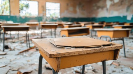 Abandoned Classroom with Broken Desks and Disrepair Highlighting the Lack of Proper Teaching Environment