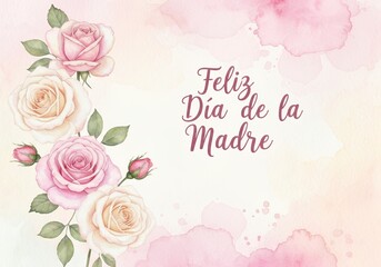 Elegant floral design for Feliz Dia de la Madre greetings with soft watercolor roses and delicate pink hues