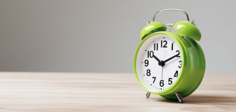 The vibrant green alarm clock on a wooden table against a neutral backdrop.