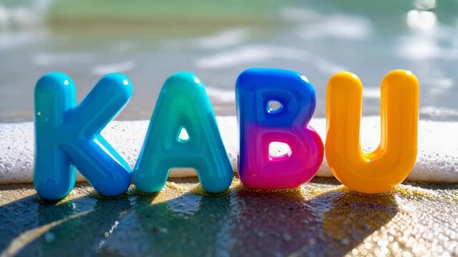 Vibrant plastic letters spelling kabu stand on wet sand near the ocean.