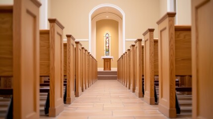Obraz premium Serene View Down Narrow Church Aisle Flanked by Untouched Pews Leading to Altar with Stained Glass Window