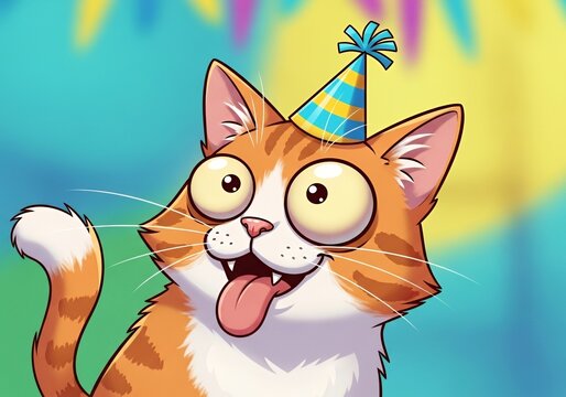 Hilarious cartoon cat wearing a birthday hat sticking its tongue out ready to party and celebrate