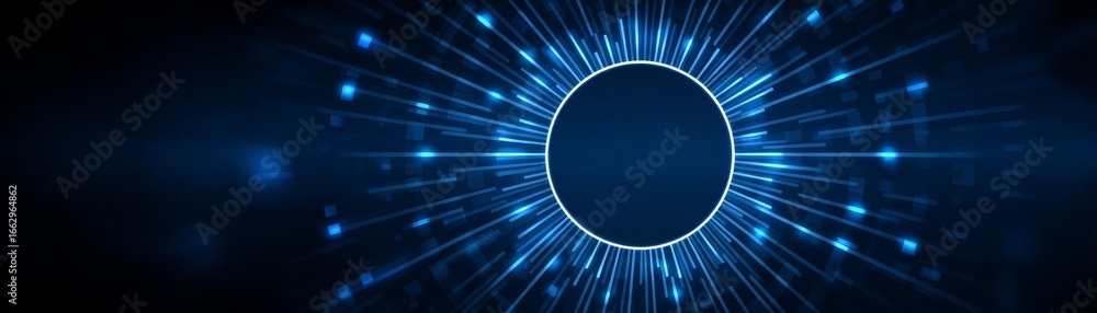 Poster abstract digital art illustration of a luminous glowing oval shape against a deep dark blue backgrou