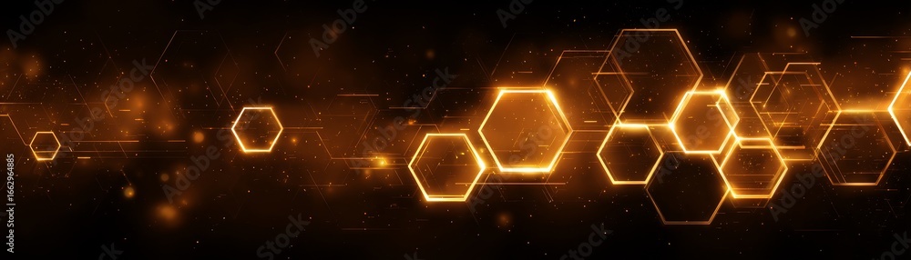 Poster futuristic digital abstract background with glowing orange hexagonal shapes forming a complex honeyc