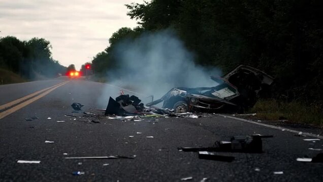 Wrecked car with smoke on roadside after accident at dusk  