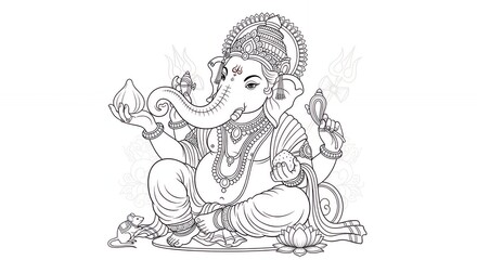 Intricate line art drawing of Lord Ganesha for coloring books, creative projects, and Hindu celebrations