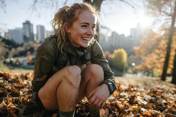 Young happy woman enjoys autumn outdoor adventure in urban park with colorful fall foliage, embodying joy, health, fitness and connection with nature and city life.