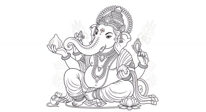 Intricate line art drawing of Lord Ganesha for coloring books, creative projects, and Hindu celebrations