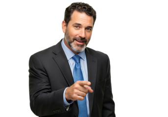 Confident businessman pointing directly at the viewer isolated on transparent background