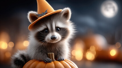 Adorable raccoon wearing an orange witch hat sitting on a pumpkin with crescent moon and bokeh lights in the background celebrating Halloween