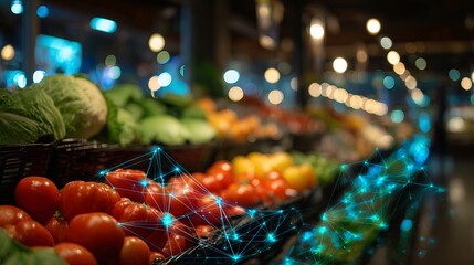 Grocery Store Produce Section with Fresh Vegetables and Glowing Blue Network Overlay Representing Smart Agriculture and Food Data.