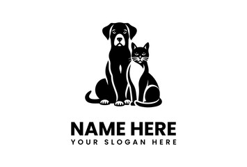 Elegant Black Silhouette of Dog and Cat Sitting Together.