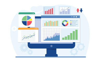 Business analysis, market research, product testing, and data analysis concept. Business graph information report analysis. Business data analysis. Vector illustration.