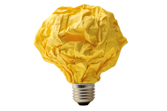 Conceptual yellow light bulb metaphor for creative ideas and innovation with a crumpled texture isolated on transparent background