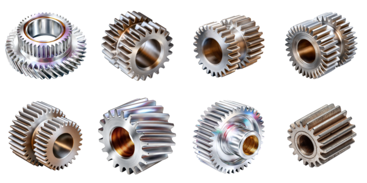 Set of metal gears with different tooth profiles and finishes, isolated on transparent background